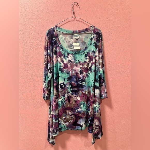 MERI SKYE Asymmetrical Aqua Mauve/Multi Tie Dye Blouse 3X NWT - Picture 1 of 5